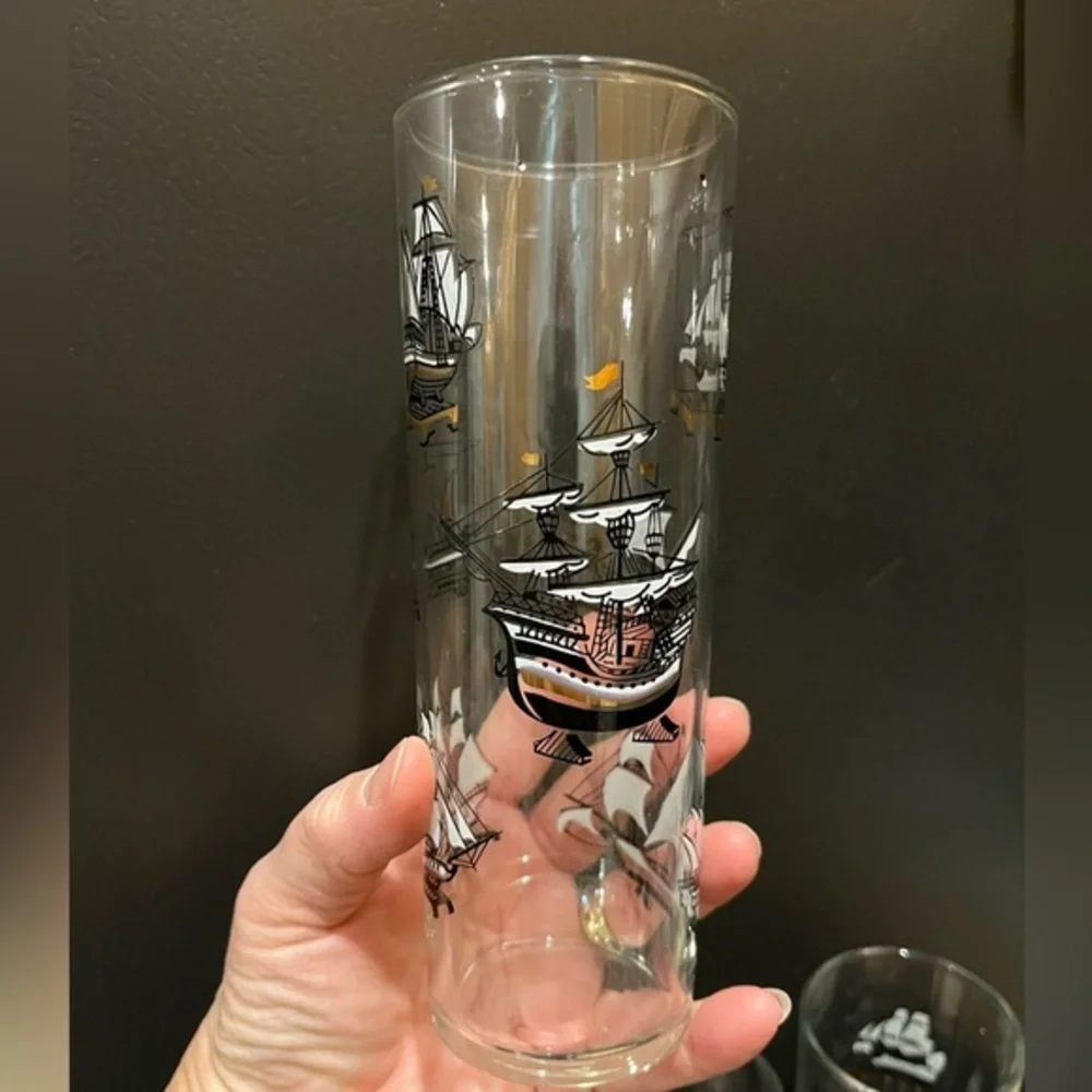 Vintage Libbey Nautical Tall Ship Design Hi Ball Glasses Set of 4